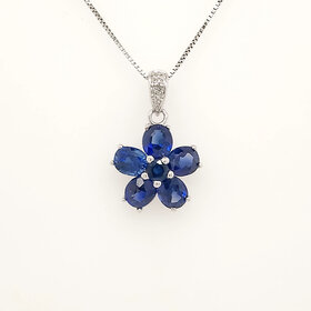 70766 14K WHITE GOLD GENUINE SAPPHIRE FLOWER DIAMOND ACCENTS ON BALE PENDANT NECKLACE