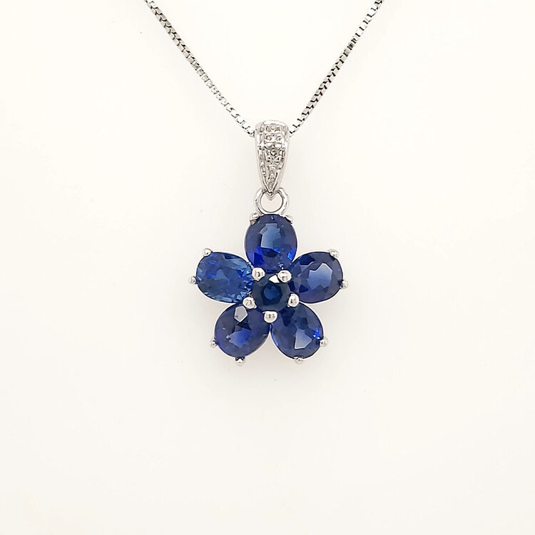 70766 14K WHITE GOLD GENUINE SAPPHIRE FLOWER DIAMOND ACCENTS ON BALE PENDANT NECKLACE