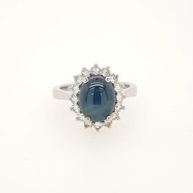 40475 14K WHITE GOLD .72CTW DIAMOND 3.20CT STAR SAPPHIRE OVAL FLOWER LADIES RING