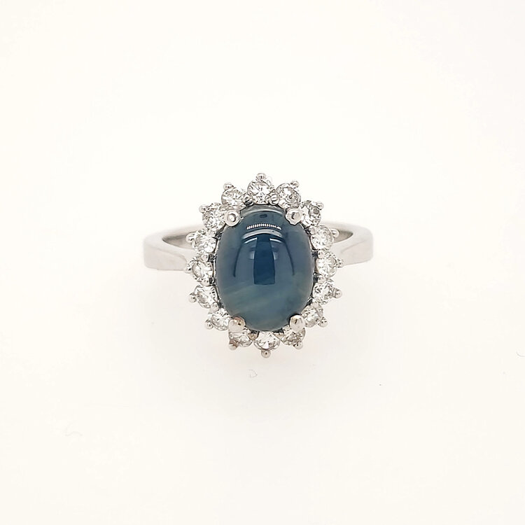 40475 14K WHITE GOLD .72CTW DIAMOND 3.20CT STAR SAPPHIRE OVAL FLOWER LADIES RING