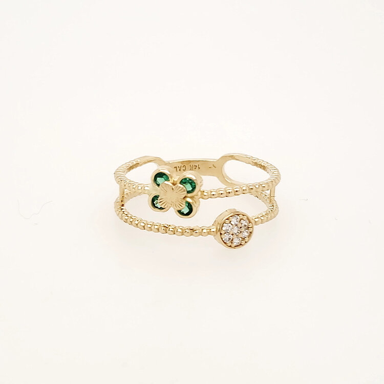 40479 14K YELLOW GOLD CUBIC ZIRCONIA DISC GREEN FLOWER BEADED SPLITED BADN STACKABLE LADIES RING