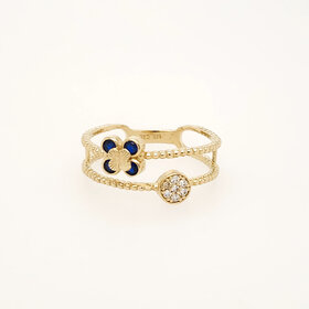 40480 14K YELLOW GOLD CUBIC ZIRCONIA DISC BLUE FLOWER BEADED SPLITED BAND STACKABLE LADIES RING