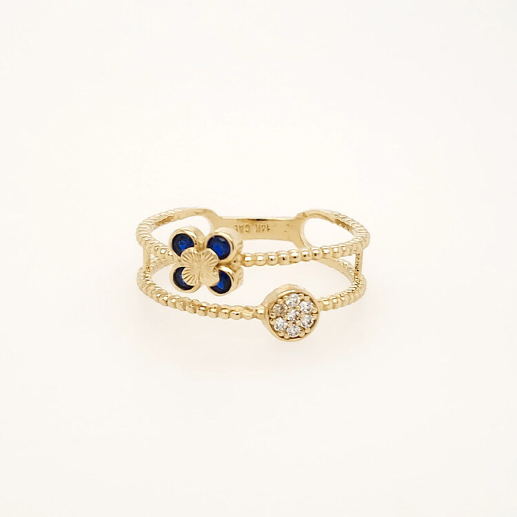 40480 14K YELLOW GOLD CUBIC ZIRCONIA DISC BLUE FLOWER BEADED SPLITED BAND STACKABLE LADIES RING