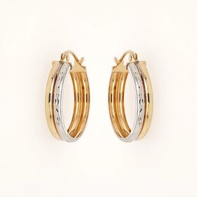 31573 14K TWO TONE 0.75" 4MM HIGH POLISH AND DIAMOND CUT DOUBLE OVAL SMALL HOOPS