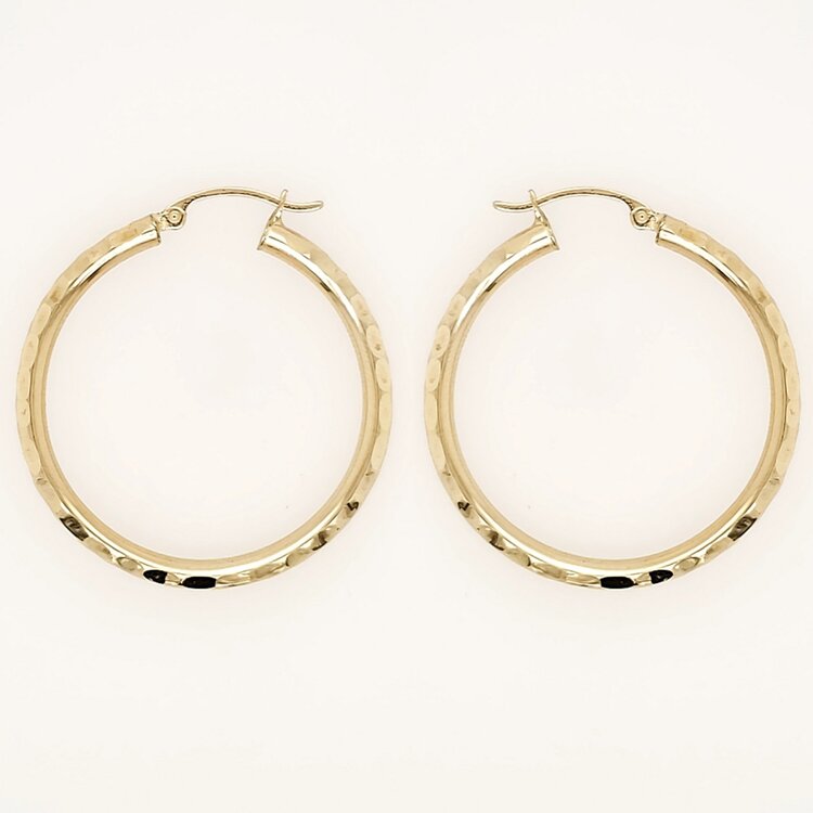 32506 14K YELLOW GOLD  1.40" 3MM  HAMMERED DESIGN HOOPS