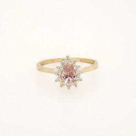 40476 14K YELLOW GOLD PINK PEAR SHAPE CUBIC ZIRCONIA HALO LADIES RING
