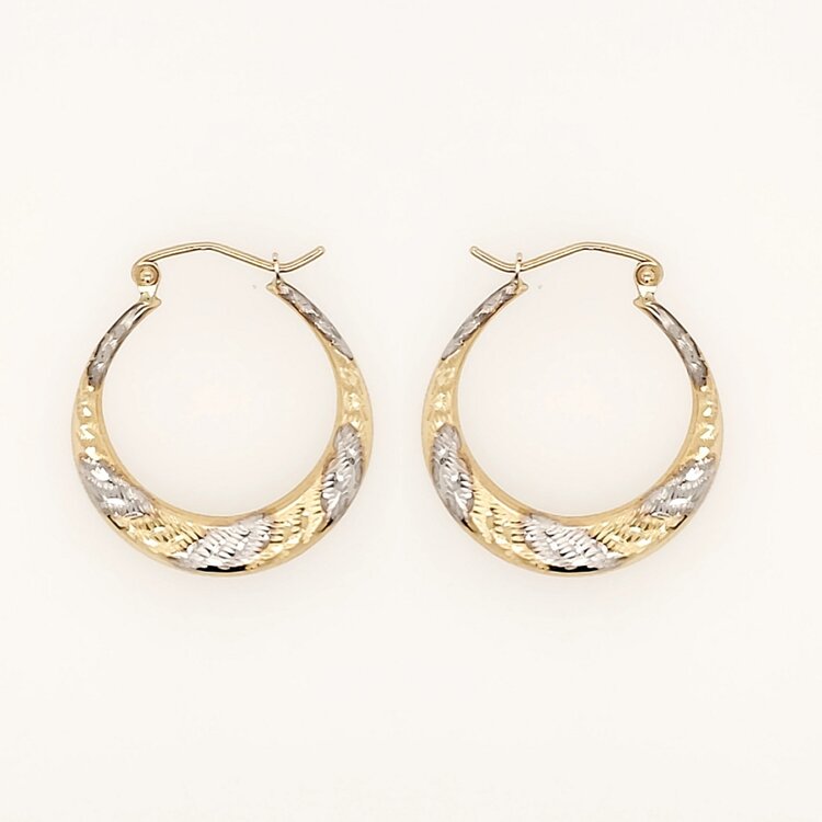31574 14K TWO TONE 1" 2.50MM DIAMOND  CUT SCALLOPED HOOPS