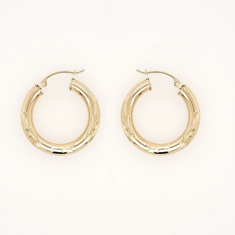 30475 14K YELLOW GOLD .80" 3MM SATIN FINISH AND  DIAMOND CUT  HOOPS