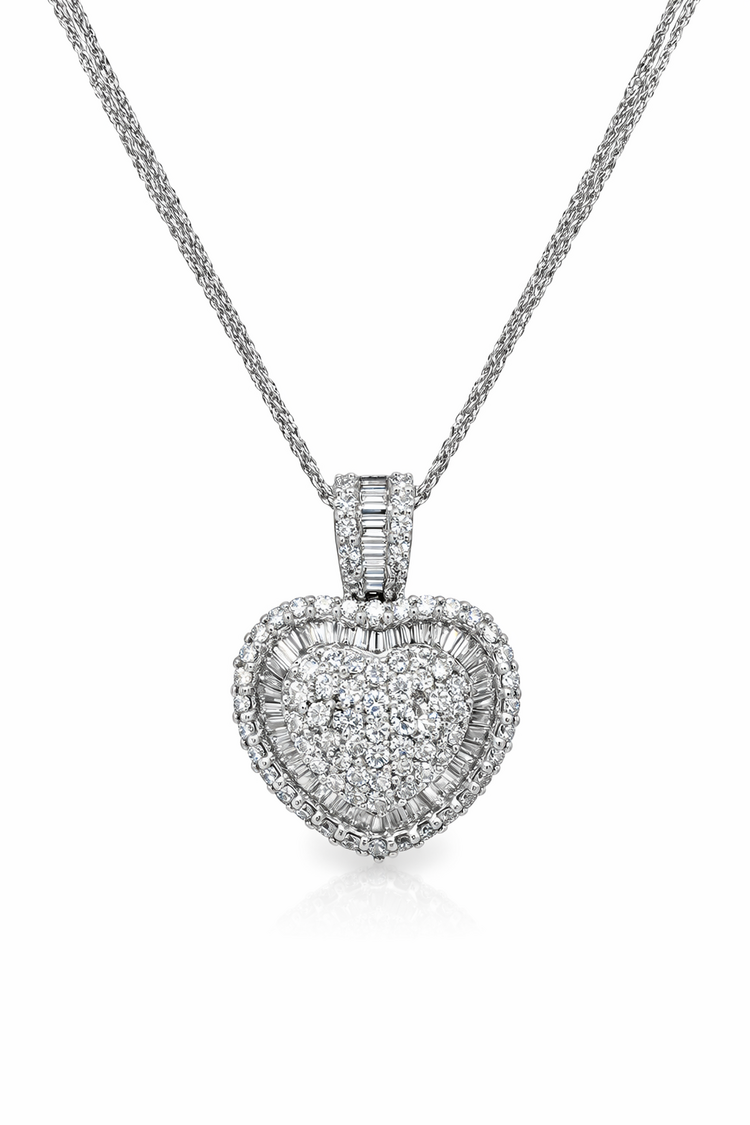 70770 18K WHITE GOLD 3CTW DIAMOND BAGUETTE AND ROUND FANCY HEART WITH 14K WHITE GOLD TRIPLE STRING CHAIN NECKLACE