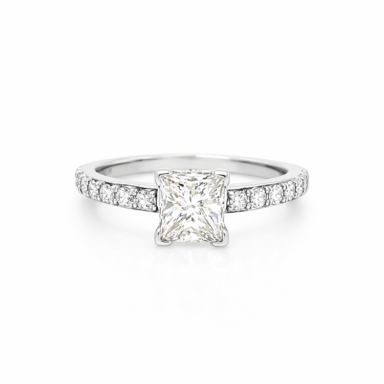 475050 14K WHITE GOLD 1.23 CT G VS2 PRINCESS CUT DIAMOND CENTER WITH COMMON PRONG CHANNEL SET ENGAGEMENT RING