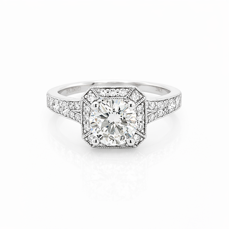 477687 18K WHITE GOLD 1.18TCW  I SI1 ROUND DIAMOND CENTER ART DECO STYLE ENGAGEMENT RING