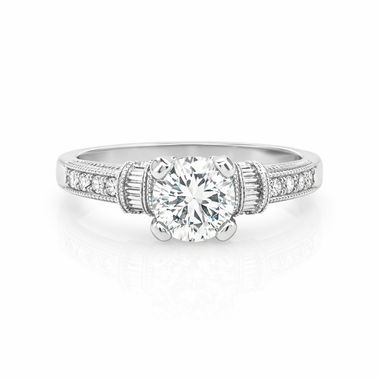 475121 18K WHITE GOLD .73TCW ROUND DIAMOND CENTER  ANTIQUE DESIGN .25TCW MOUNTING ENGAGEMENT RING