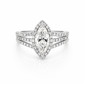 475999  18K WHITE GOLD 1.01CT H-I SI2 MARQUIS DIAMOND CENTER .58CT SETTING HALO TRIPLE SPLIT SHANK ENGAGEMENT RING
