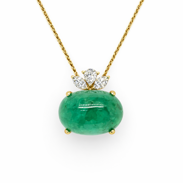 70665 14K YELLOW GOLD .40CT DIAMOND 11.5CT OVAL CABOCHON CUT EMERALD STUNNING PENDANT NECKLACE