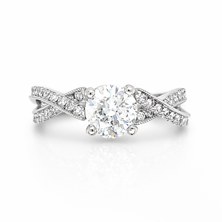 477709 14K WHITE GOLD 1.25 CT ROUND DIAMOND CENTER MILGRAIN TWIST STYLE ENGAGEMENT  RING