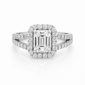 475169 14K WHITE GOLD .83CT CENTER I COLOR SI1 EMERALD CUT .70CT DIAMOND HALO OPEN SHANK ENGAGEMENT RING
