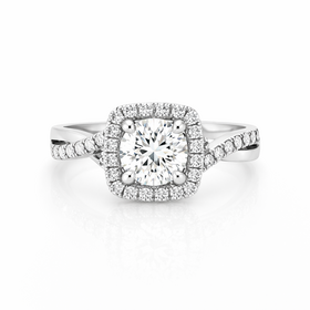 476586 18K WHITE GOLD .56TCW H SI1 ROUND DIAMOND CENTER CUSHION HALO .23TCW TWISTED SHANK DESIGN ENGAGEMENT RING