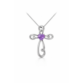 75117 10K WHITE GOLD HEART SHAPE AMETHYST CENTER HIGH POLISH FANCY CROSS PENDANT NEKCLACE