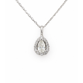 70607 14K WHITE GOLD .61CT PEAR SHAPE DIAMOND CENTER .24CT HALO PENDANT NECKLACE