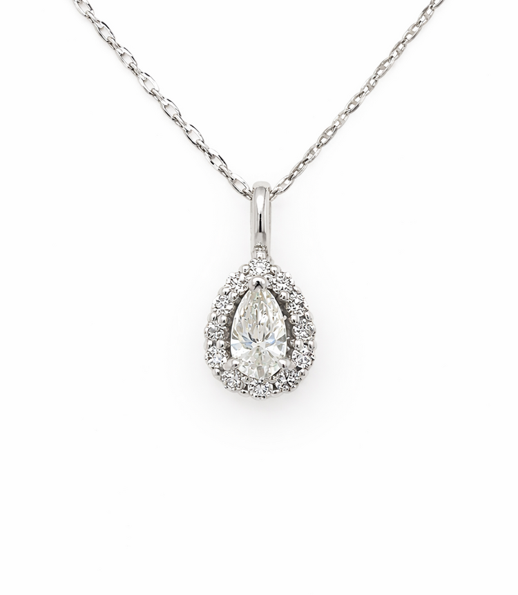 70607 14K WHITE GOLD .61CT PEAR SHAPE DIAMOND CENTER .24CT HALO PENDANT NECKLACE