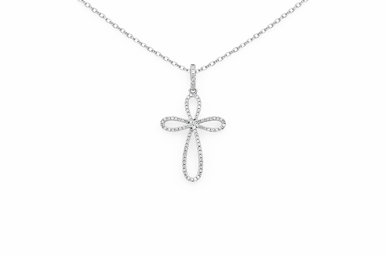 75115 10K WHITE GOLD .30CTW DIAMOND RIBBON STYLE CROSS PENDANT NECKLACE