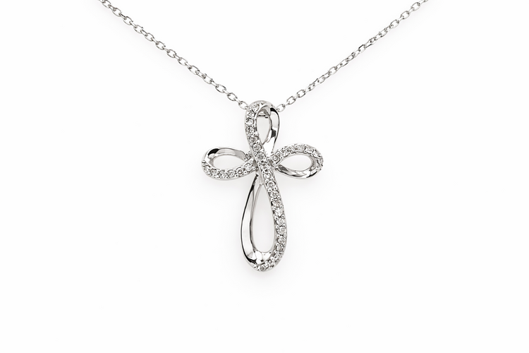 75113 10K WHITE GOLD .10CTW DIAMOND HIGH POLISH SLIDE CROSS PENDANT NECKLACE
