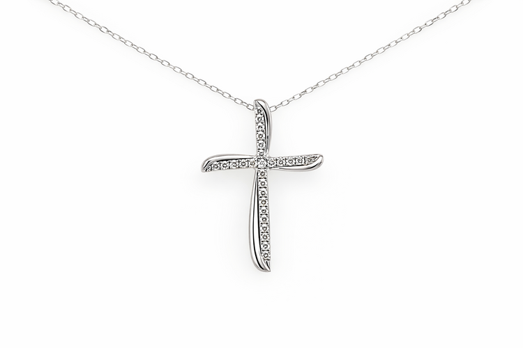 75116 10K WHITE GOLD .15CTW DIAMOND HIGH POLISH SLIDE CROSS PENDANT NECKLACE