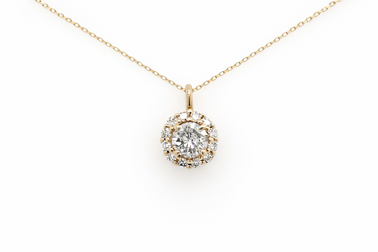 70780 14K YELLOW GOLD .60CT CENTER DIAMOND  .24CT HALO PENDANT NECKLACE