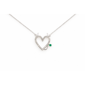 70776 10K WHITE GOLD .15CTW DIAMOND HEART HORNS AND TAIL EMERALD NECKLACE