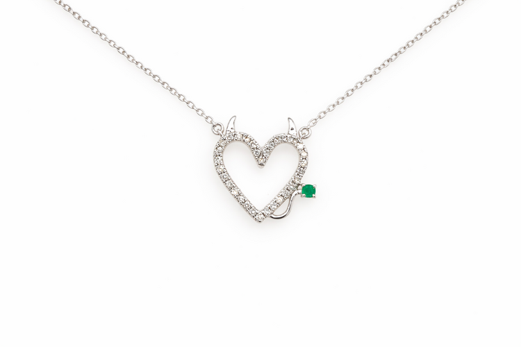 70776 10K WHITE GOLD .15CTW DIAMOND HEART HORNS AND TAIL EMERALD NECKLACE