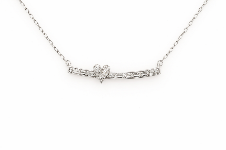 70771 10K WHITE GOLD .13CTW DIAMOND BAGUETTE AND ROUND BAR WITH PETITE HEART NECKLACE