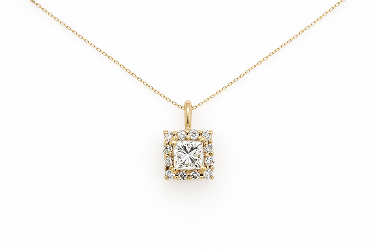 70779 14K YELLOW GOLD .73CT CENTER PRINCESS CUT DIAMOND .24CT HALO PENDANT NECKLACE