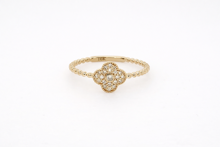 40488 10K YELLOW GOLD .15CTW DIAMOND CLOVER BEADED BAND LADIES RING
