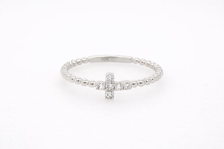 40483 10K WHITE GOLD .10CTW DIAMOND  SIDE WAY CROSS BEADED BAND LADIES RING