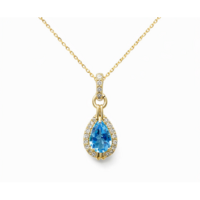 70782 10K YELLOW GOLD .15CTW DIAMOND HALO PEAR SHAPE BLUE TOPAZ  PENDANT NECKLACE