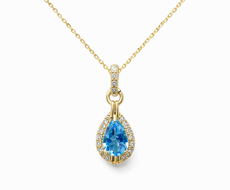 70782 10K YELLOW GOLD .15CTW DIAMOND HALO PEAR SHAPE BLUE TOPAZ  PENDANT NECKLACE