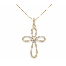 75118 10K YELLOW GOLD .30CTW DIAMOND RIBON STYLE CROSS PENDANT NECKLACE