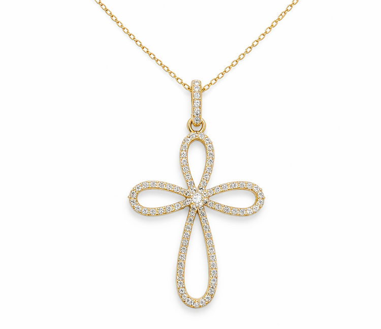 75118 10K YELLOW GOLD .30CTW DIAMOND RIBON STYLE CROSS PENDANT NECKLACE
