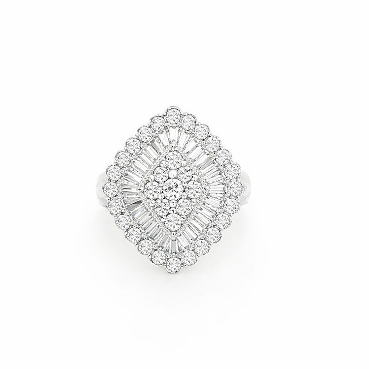 40354 14K WHITE GOLD 2CTW DIAMOND CLUSTER BAGUETTE BEADED HALO COCKTAIL RING