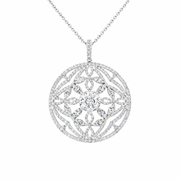 70755 18K WHITE GOLD 2.20CTW DIAMOND CLUSTER FLOWER CUT OUT DESIGN FANCY PENDAT WITH 14K WHITE GOLD CABLE CHAIN NECKLACE