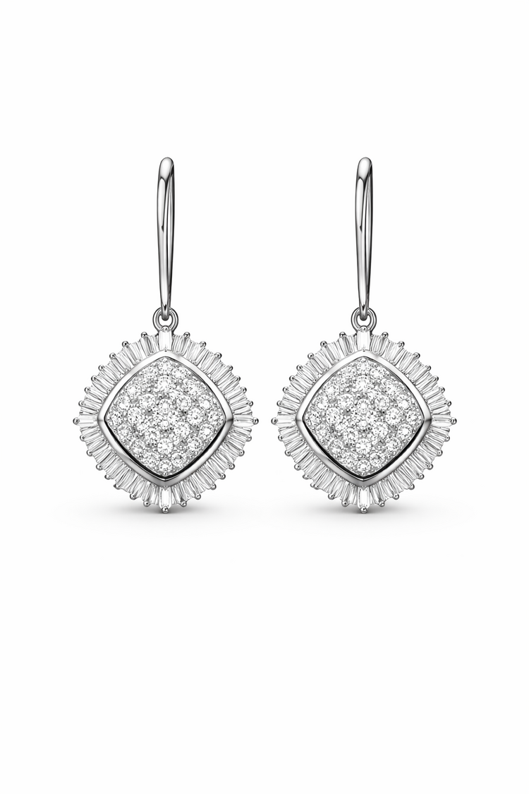 30777 14K WHITE GOLD .95CTW  BAGUETTE HALO PAVE SET SUNFLOWER  LEVERBACK EARRINGS