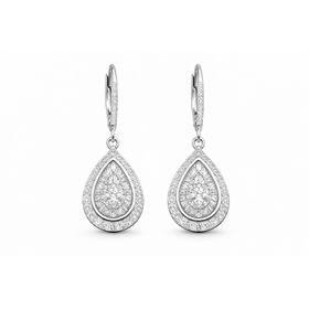 31596 14K WHITE GOLD DIAMOND BAGUETTE AND ROUND CLUSTER PEAR SHAPE LEVER BACK HANGING EARRINGS