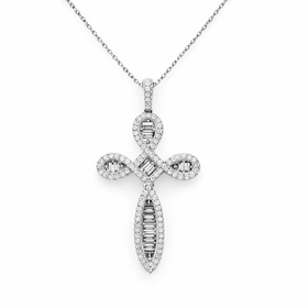 70131 18K WHITE GOLD 1.15CT DIAMOND ROUND & BAGUETTE FANCY CROSS ON 18" 14K CABLE CHAIN PENDANT