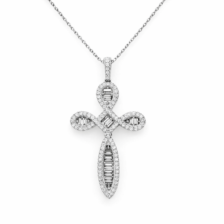 70131 18K WHITE GOLD 1.15CT DIAMOND ROUND & BAGUETTE FANCY CROSS ON 18" 14K CABLE CHAIN PENDANT
