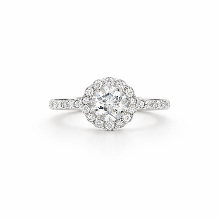 475295 18K WHITE GOLD 1.02CT G SI2 CENTER DIAMOND .52CT DIAMOND FLOWER HALO ENGAGEMENT RING