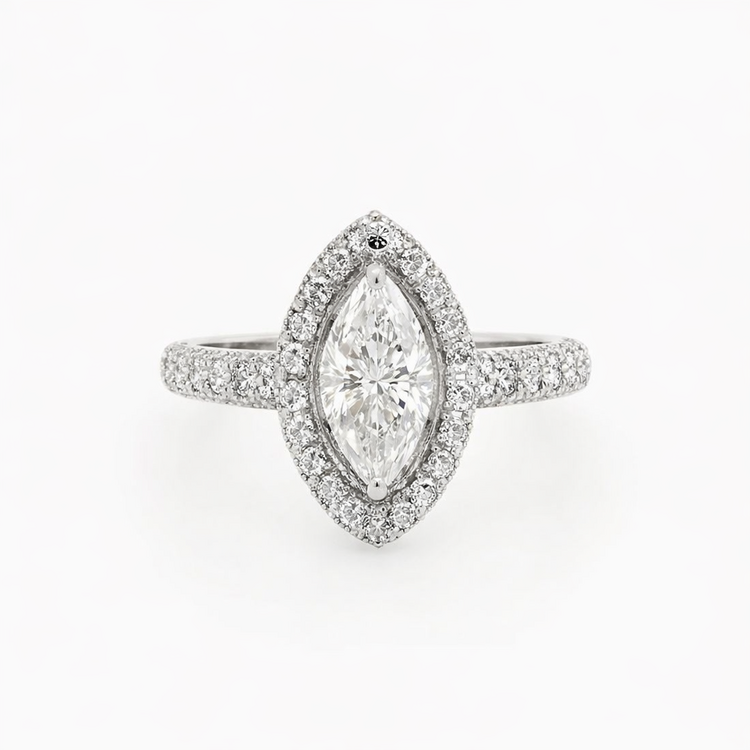 40441 14K WHITE GOLD .82TCW MARQUIS J SI1 DIAMOND CENTER WITH .65TCW HALO AND SHANK ENGAGEMENT RING