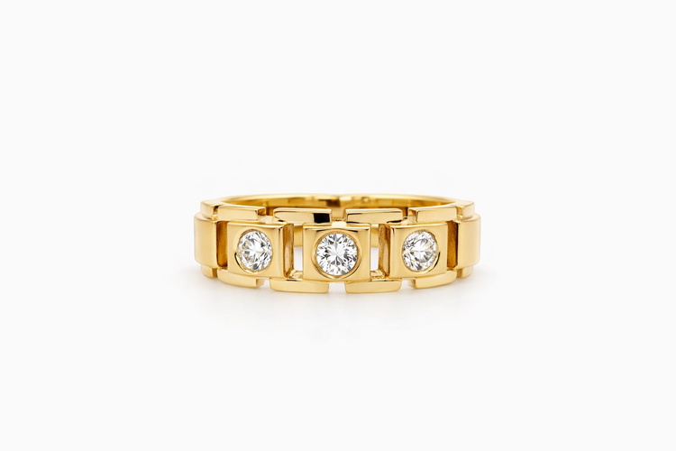 45027 14K YELLOW GOLD .50CTW DIAMOND SQUARE BEZEL SET CUT OUT SATIN FINISH  MEN'S WEDDING BAND