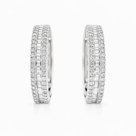 31303 14K WHITE GOLD 1" 4.50MM 1.50CTW DIAMOND BAGUETTE AND ROUND DIAMOND BORDER HOOPS