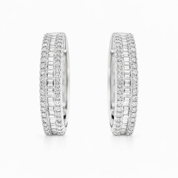31303 14K WHITE GOLD 1" 4.50MM 1.50CTW DIAMOND BAGUETTE AND ROUND DIAMOND BORDER HOOPS