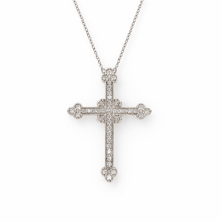 76067 14K WHITE GOLD .50CT DIAMOND CLUSTER EDGE BEZEL DESIGN CROSS PENDANT